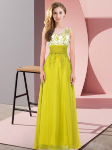 Olive Green Empire Chiffon Scoop Sleeveless Appliques Floor Length Backless Dama Dress for Quinceanera