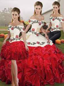 Glittering Floor Length White And Red Sweet 16 Dress Off The Shoulder Sleeveless Lace Up