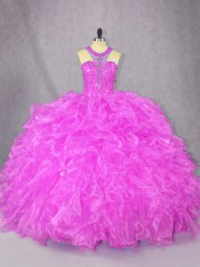 Inexpensive Fuchsia Sleeveless Beading and Ruffles Floor Length 15th Birthday Dress