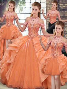 Luxury Floor Length Ball Gowns Sleeveless Orange 15th Birthday Dress Lace Up