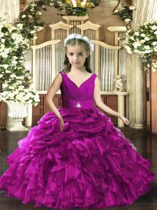 Latest Floor Length Backless Pageant Dress for Womens Purple for Party and Sweet 16 and Wedding Party with Beading and Ruffles and Ruching