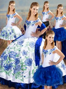 Gorgeous Floor Length Blue And White Quinceanera Dresses Satin and Organza Sleeveless Embroidery and Ruffles