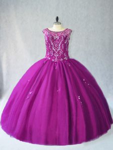 Custom Designed Scoop Sleeveless Lace Up Ball Gown Prom Dress Purple Tulle