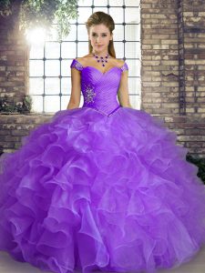 Off The Shoulder Sleeveless Quinceanera Gown Floor Length Beading and Ruffles Lavender Organza