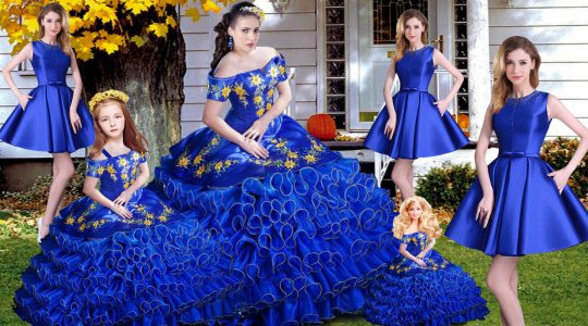 Admirable Off The Shoulder Sleeveless Quinceanera Dress Embroidery and Ruffles Royal Blue Organza