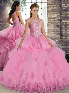 Rose Pink Tulle Lace Up Scoop Sleeveless Floor Length 15 Quinceanera Dress Lace and Embroidery and Ruffles