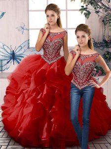 Admirable Red 15 Quinceanera Dress Sweet 16 and Quinceanera with Beading and Ruffles Scoop Sleeveless Zipper