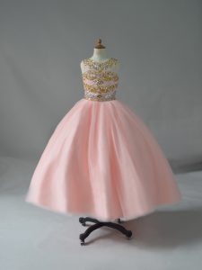 High Class Ball Gowns Kids Formal Wear Pink Scoop Tulle Sleeveless Floor Length Backless