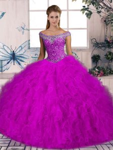 Fuchsia 15 Quinceanera Dress Sweet 16 and Quinceanera with Beading and Ruffles Off The Shoulder Sleeveless Brush Train Lace Up