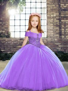 Lavender Lace Up Little Girls Pageant Dress Wholesale Beading Sleeveless Brush Train