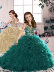 Turquoise Sleeveless Beading and Ruffles Floor Length Girls Pageant Dresses
