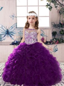 Perfect Purple Lace Up Scoop Beading and Ruffles Girls Pageant Dresses Organza Sleeveless