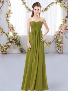 Nice Sleeveless Floor Length Ruching Zipper Court Dresses for Sweet 16 with Olive Green