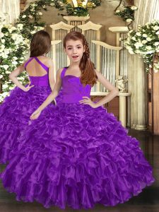 High End Straps Sleeveless Little Girls Pageant Dress Floor Length Ruffles Purple Organza