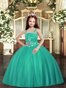 Floor Length Lace Up Little Girls Pageant Dress Turquoise for Party and Wedding Party with Beading