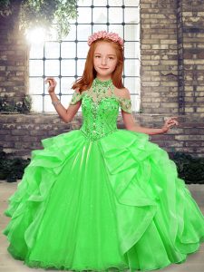 Pretty Green Lace Up High-neck Beading Kids Pageant Dress Organza Sleeveless
