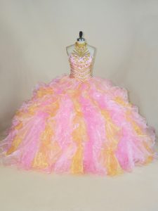 Latest Multi-color Ball Gowns Beading and Ruffles Sweet 16 Dress Lace Up Organza Sleeveless Floor Length
