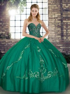 Sleeveless Tulle Floor Length Lace Up Sweet 16 Quinceanera Dress in Turquoise with Beading and Embroidery