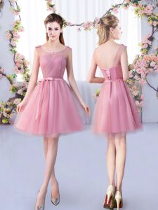Customized Mini Length Lace Up Dama Dress for Quinceanera Pink for Wedding Party with Appliques and Belt