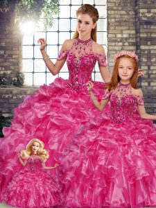 Glittering Fuchsia Lace Up Halter Top Beading and Ruffles Ball Gown Prom Dress Organza Sleeveless