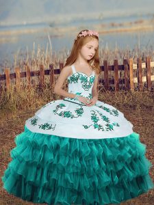 Teal Ball Gowns Straps Sleeveless Organza Floor Length Lace Up Embroidery and Ruffled Layers Glitz Pageant Dress