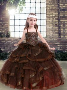 Straps Sleeveless Lace Up Little Girl Pageant Dress Brown Tulle