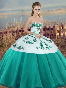 Ball Gowns Quince Ball Gowns Turquoise Sweetheart Tulle Sleeveless Floor Length Lace Up
