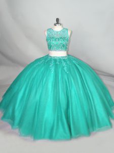 Two Pieces Sweet 16 Quinceanera Dress Turquoise Scoop Tulle Sleeveless Floor Length Zipper