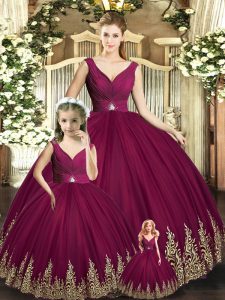 Beading and Appliques Quince Ball Gowns Burgundy Backless Sleeveless Floor Length