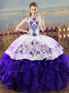 Adorable Floor Length White And Purple Quinceanera Dress Organza Sleeveless Embroidery and Ruffles