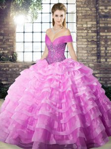 Off The Shoulder Sleeveless Brush Train Lace Up Ball Gown Prom Dress Lilac Organza