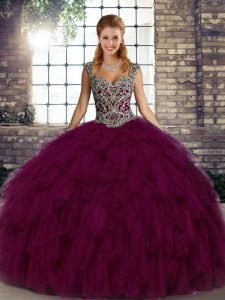 Adorable Floor Length Dark Purple Sweet 16 Quinceanera Dress Organza Sleeveless Beading and Ruffles