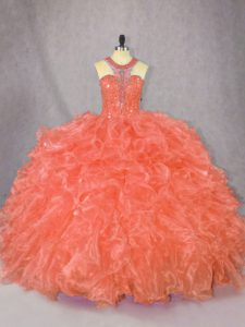Custom Made Ball Gowns Sweet 16 Dresses Orange Scoop Organza Sleeveless Floor Length Zipper