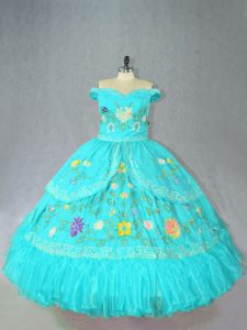 New Style Ball Gowns Sweet 16 Dresses Aqua Blue Off The Shoulder Satin Sleeveless Floor Length Lace Up