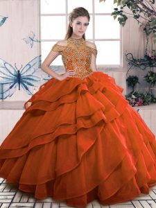 Dynamic Floor Length Orange Vestidos de Quinceanera High-neck Sleeveless Lace Up