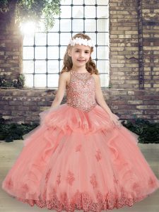 Best Scoop Sleeveless Winning Pageant Gowns Floor Length Beading and Appliques Watermelon Red Tulle