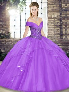 Lavender Ball Gowns Off The Shoulder Sleeveless Tulle Floor Length Lace Up Beading and Ruffles Quinceanera Gowns