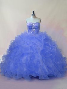 Pretty Blue Organza Lace Up Sweetheart Sleeveless Floor Length Sweet 16 Dresses Beading and Ruffles