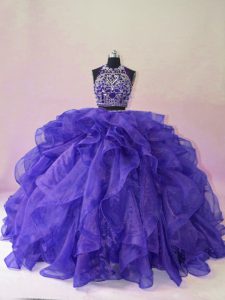 Purple Sleeveless Beading and Ruffles Backless Sweet 16 Dress