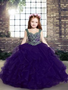 Trendy Purple Glitz Pageant Dress Party and Military Ball and Wedding Party with Beading and Ruffles Straps Sleeveless Lace Up