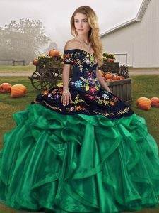 Sweet Green Organza Lace Up Vestidos de Quinceanera Sleeveless Floor Length Embroidery and Ruffles