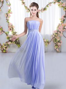 Lovely Lavender Chiffon Lace Up Quinceanera Court of Honor Dress Sleeveless Sweep Train Beading