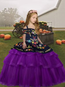 Tulle Straps Sleeveless Lace Up Embroidery and Ruffled Layers Custom Made Pageant Dress in Purple