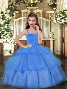 Blue Tulle Lace Up Girls Pageant Dresses Sleeveless Floor Length Ruffled Layers