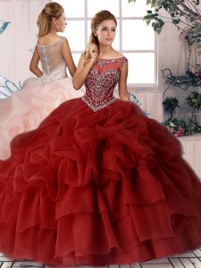 Discount Sleeveless Organza Brush Train Zipper Military Ball Gown in Wine Red with Beading and Pick Ups