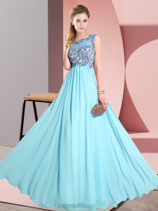 Comfortable Aqua Blue Scoop Backless Beading and Appliques Dama Dress for Quinceanera Sleeveless