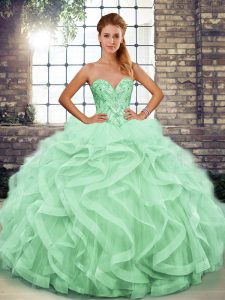 Fine Apple Green Tulle Lace Up Quinceanera Dresses Sleeveless Floor Length Beading and Ruffles