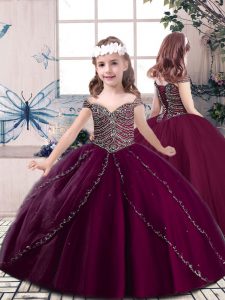 Burgundy Ball Gowns Straps Sleeveless Tulle Floor Length Lace Up Beading Little Girl Pageant Gowns
