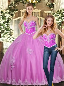 Extravagant Lilac Ball Gowns Sweetheart Sleeveless Tulle Floor Length Lace Up Beading and Appliques Quinceanera Gown
