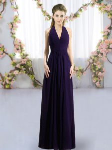 Halter Top Sleeveless Zipper Dama Dress for Quinceanera Dark Purple Chiffon